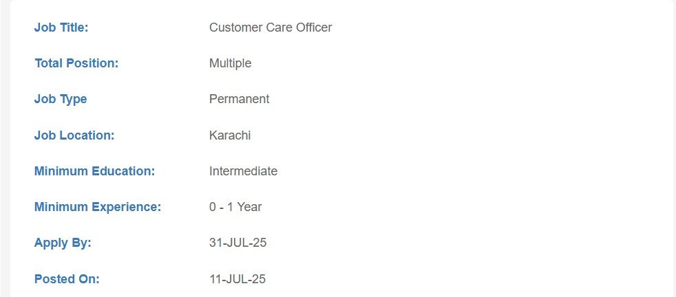 Customer Care Officer Jobs Advertisement 2025 by UBL Bank