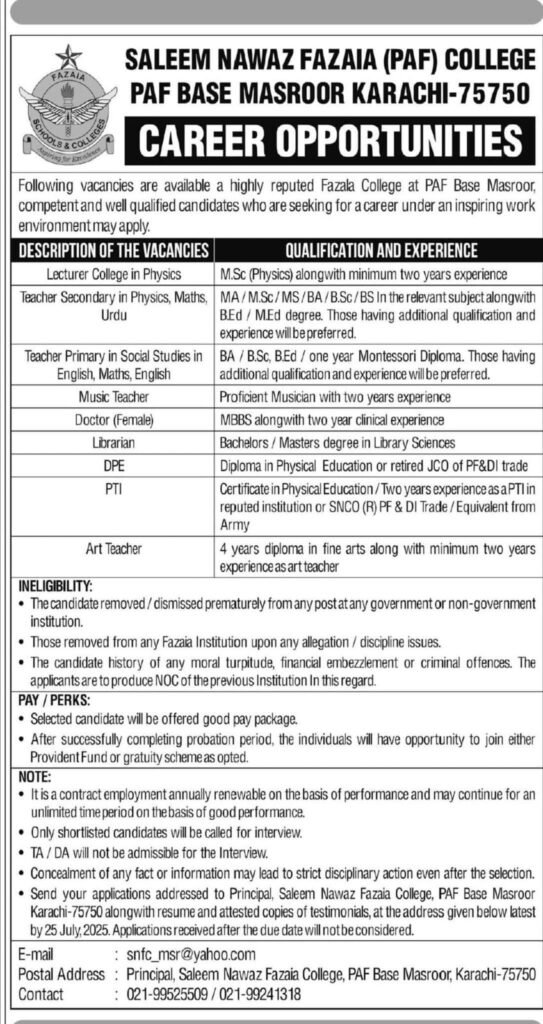 Teaching Jobs 2025 in Saleem Nawaz Fazaia College PAF Base Masroor Karachi