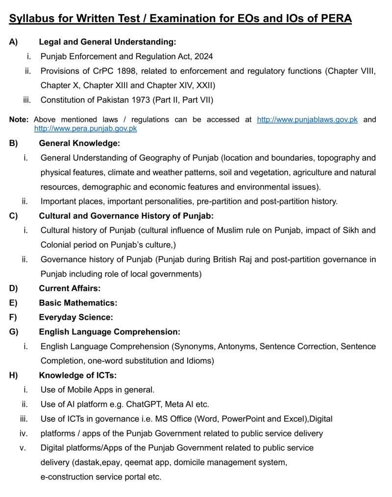 PERA Force Written Test Syllabus 2025 Updated