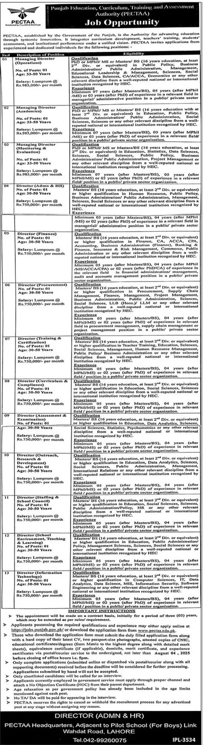 Punjab PECTAA Jobs Advertisement 2025