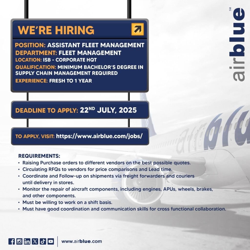Assistant Fleet Management Jobs 2025 in AirBlue Airline