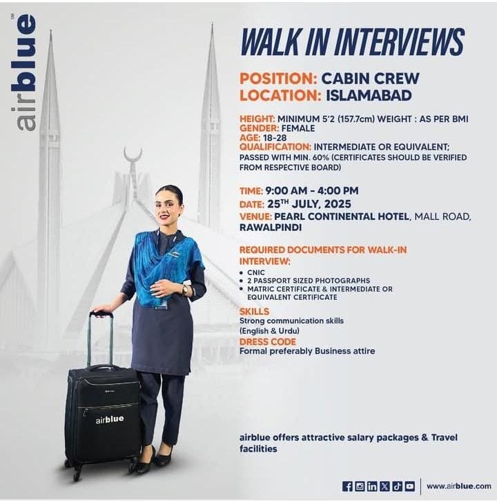Walk in Interviews Cabin Crew Jobs 2025 in AirBlue Airline