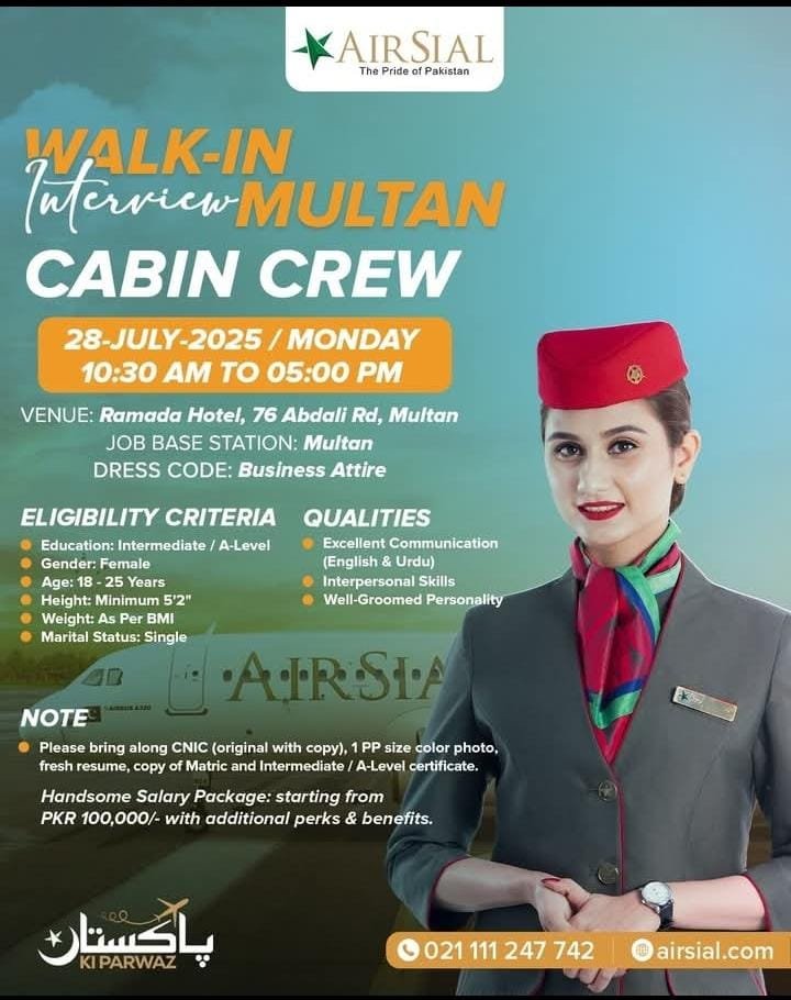 Cabin Crew Jobs 2025 in AirSial Airline Multan