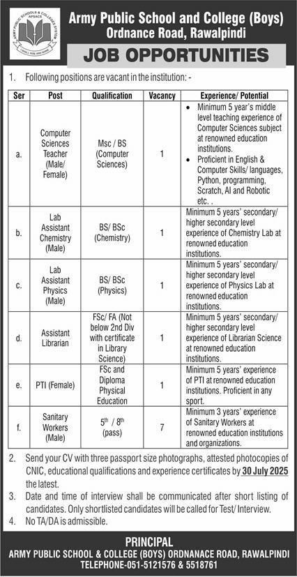 APS College Boys Ordnance Road Rawalpindi Teaching & Non Teaching Jobs 2025