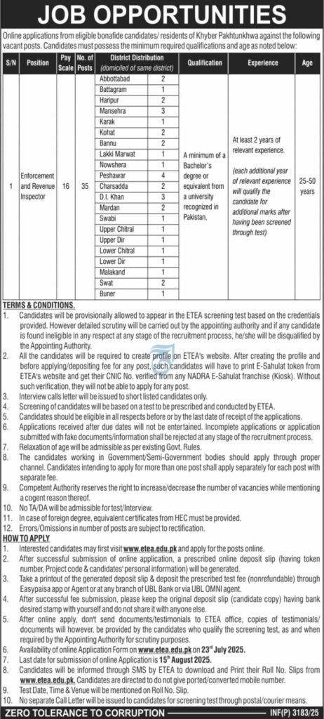 Inspector Jobs 2025 in Excise Taxation & Narcotics Control Department KPK