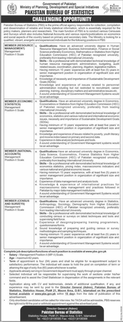 Pakistan Bureau of Statistics PBS Gov of Pakistan Jobs 2025