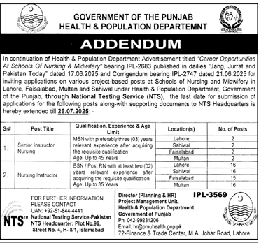 Nursing Instructor Jobs 2025 in Health & Population Department Govt of Punjab