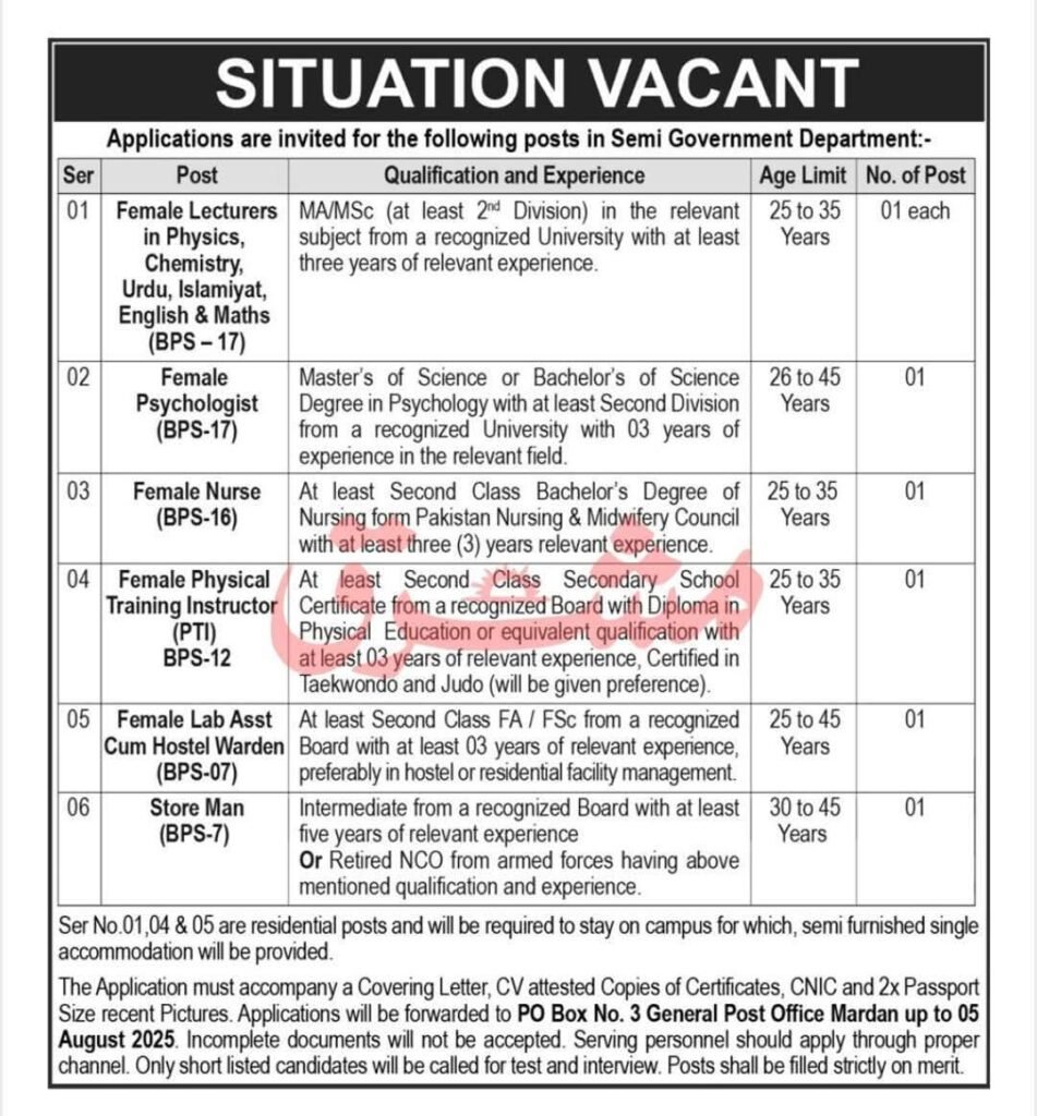 Lecturers Jobs 2025 in PO Box No. 3 General Post Office Mardan