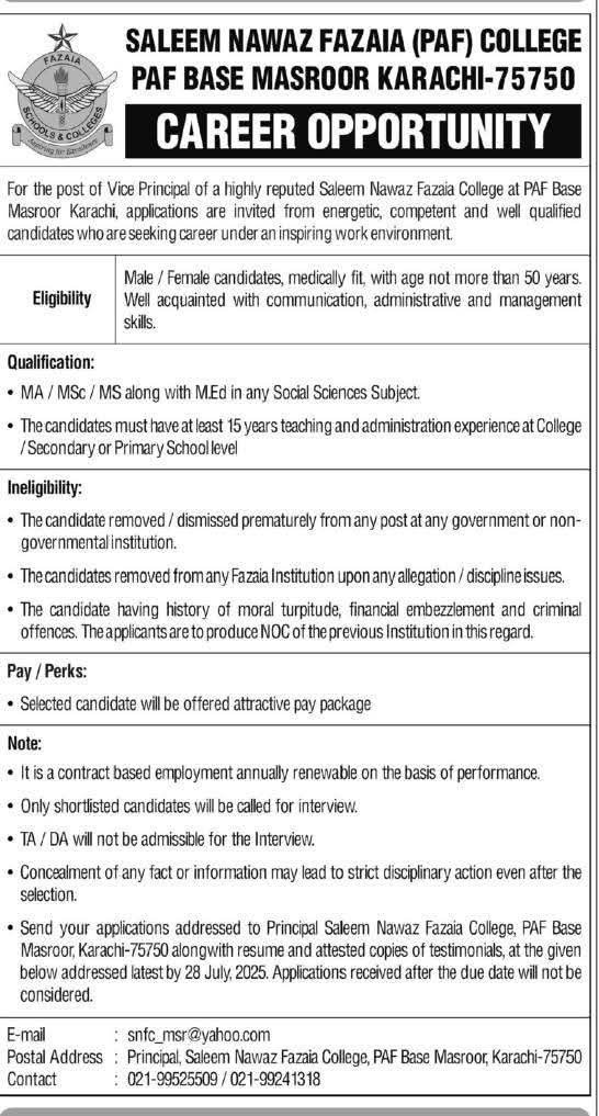 Vice Principal Jobs 2025 in PAF College at PAF Masroor Base Karachi