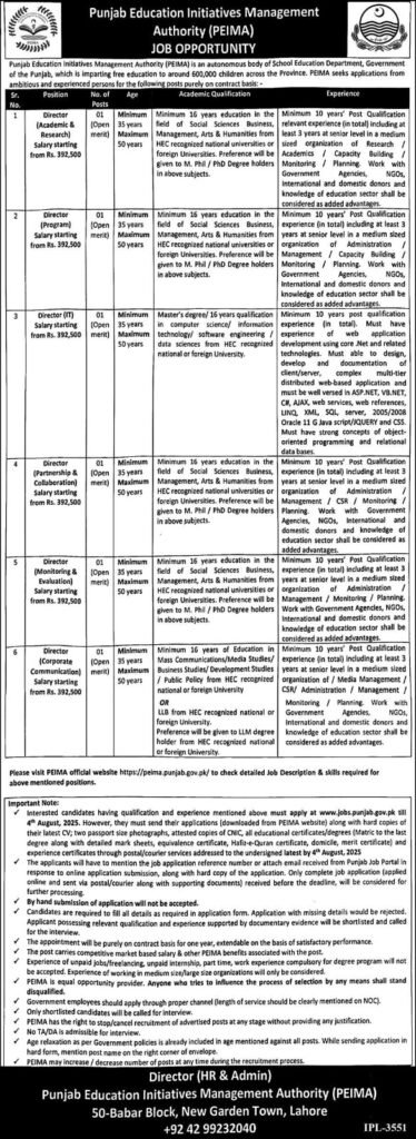 Punjab Education Initiatives Management Authority PEIMA Jobs 2025