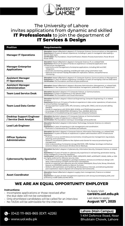 IT Professionals Jobs 2025 in The University of Lahore