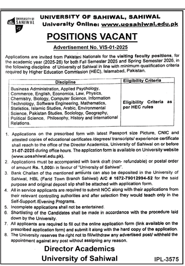 Lecturers Jobs 2025 in University of Sahiwal apply at uosahiwal.edu.pk