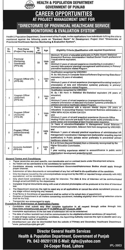 Medical & IT Staff Jobs 2025 in Health & Population Department Govt of Punjab