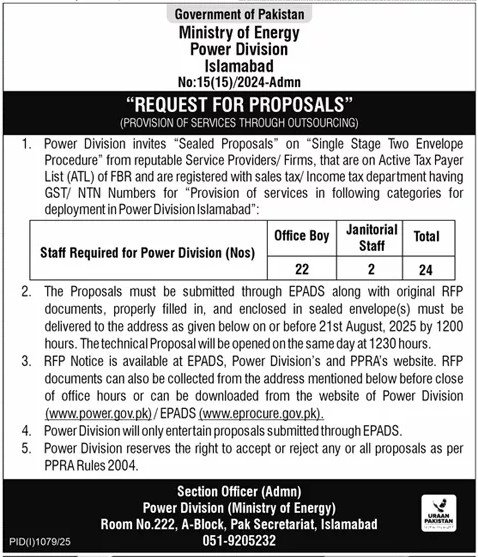 Office Boys Jobs 2025 in Ministry of Energy Power Division Govt of Pakistan